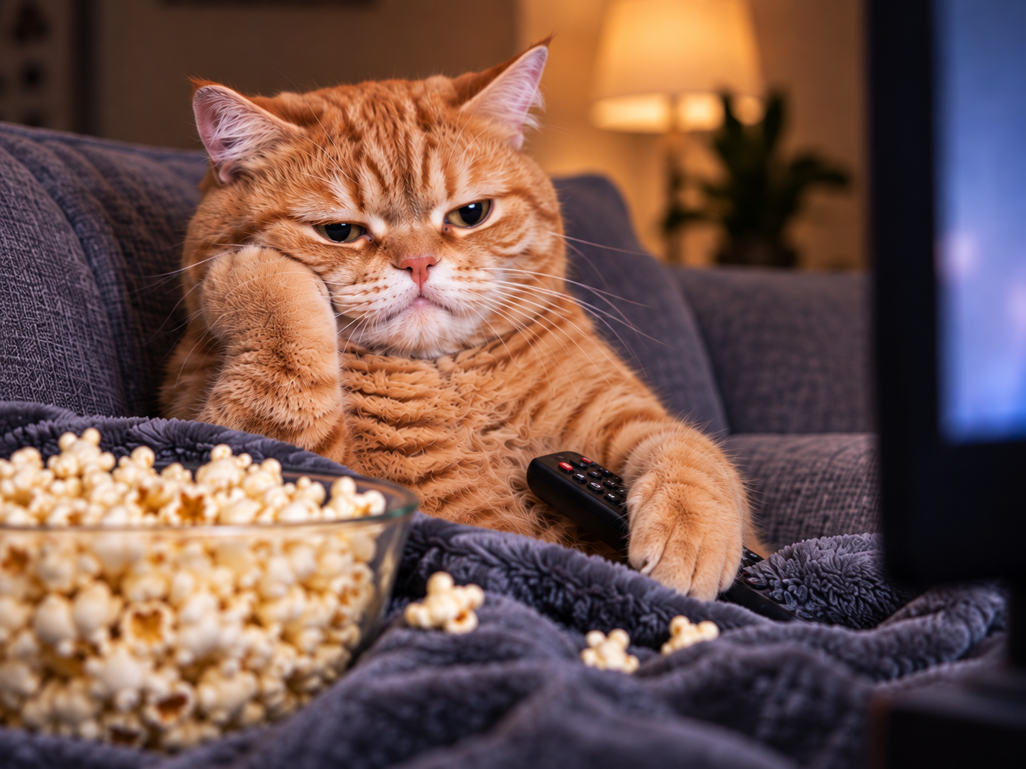An unimpressed orange cat watching television with popcorn and a remote