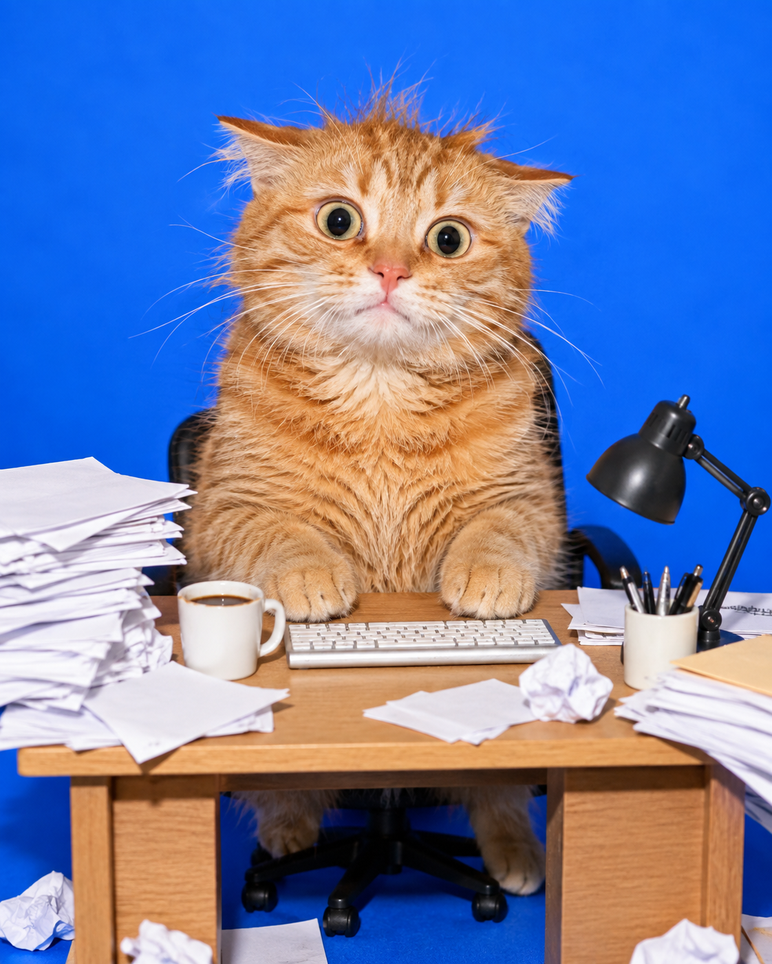 An overwhelmed orange cat at its office desk